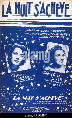 Französische songbook Abdeckung für Songs von "La Nuit S'Acheve' 1950, komponiert von Louis Poterat und Henri Bourtayre et Henri Goublier. Gesungen von elayne Embrun und Christiane Lys. 1950 Stockfoto