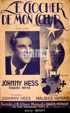 1940 Französische songbook für 'Le Clocher De Mon Coeur' gesungen von Johnny Hess, eine französischsprachige Schweizer Sänger und Songschreiber, geboren in Engelberg (Schweiz) am 31. Dezember19151 und starb in Paris am 14. November 1983. Stockfoto