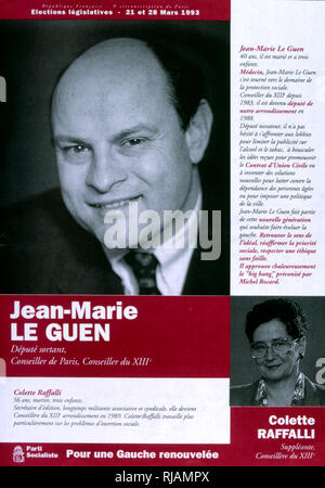 1993 Wahl Merkblatt für den französischen Politiker Jean-Marie Le Guen (3. Januar 1953 in Paris geboren); ein Arzt, der öffentlichen Gesundheit Experte und Mitglied der Nationalversammlung von Frankreich. Er vertrat die Stadt Paris und ist Mitglied der Socialiste, radikalen, Citoyen et divers gauche. Stockfoto