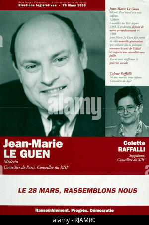 1993 Wahl Merkblatt für den französischen Politiker Jean-Marie Le Guen (3. Januar 1953 in Paris geboren); ein Arzt, der öffentlichen Gesundheit Experte und Mitglied der Nationalversammlung von Frankreich.[1] Die Stadt Paris dar, und ist Mitglied der Socialiste, radikalen, Citoyen et divers gauche. Stockfoto