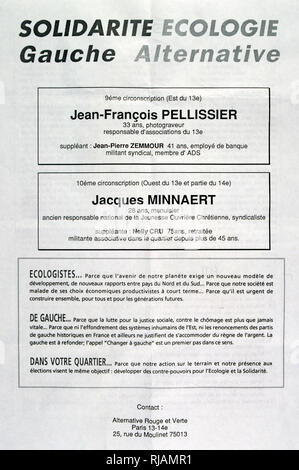 1993 Wahl Merkblatt für den französischen Politiker Jean-Marie Le Guen (3. Januar 1953 in Paris geboren); ein Arzt, der öffentlichen Gesundheit Experte und Mitglied der Nationalversammlung von Frankreich.[1] Die Stadt Paris dar, und ist Mitglied der Socialiste, radikalen, Citoyen et divers gauche. Stockfoto