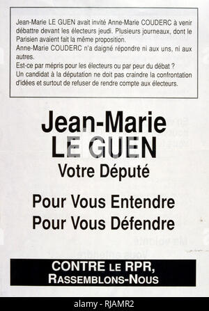 1993 Wahl Merkblatt für den französischen Politiker Jean-Marie Le Guen (3. Januar 1953 in Paris geboren); ein Arzt, der öffentlichen Gesundheit Experte und Mitglied der Nationalversammlung von Frankreich.[1] Die Stadt Paris dar, und ist Mitglied der Socialiste, radikalen, Citoyen et divers gauche. Stockfoto