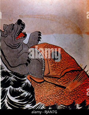 Französisch Abbildung symbolisiert den russischen Bären durch die japanische Karpfen während des Russisch-Japanischen Krieges 1904 geschluckt Stockfoto
