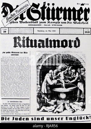 Blutige Verleumdung in einem 1939 Ausgabe der anti-semitische deutsche Zeitung "Der Stürmer" eine wöchentliche Boulevardzeitung - Format Zeitung herausgegeben von Julius Streicher. Es war ein wesentlicher Teil der NS-Propaganda und wurde vehement Antisemitisch. Blutige Verleumdung war ein Vorwurf, Juden entführt und die Kinder von Christen ermordet, um ihr Blut als Teil ihrer religiösen Rituale während der jüdischen Feiertage zu verwenden Stockfoto