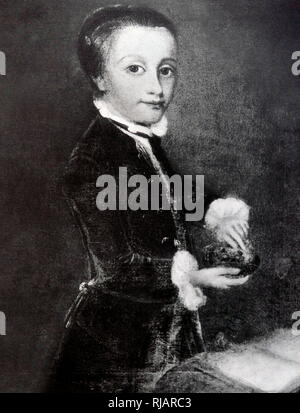 Portrait von Mozart im Alter von 8, von Johan Joseph Zoffany. Öl auf Leinwand, 1764. Wolfgang Amadeus Mozart (1756 - 1791), war ein produktiver und einflussreichsten Komponisten der klassischen Ära. Stockfoto