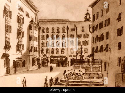 Zeichnung von Lochelplatz, in Salzburg, wo Mozart geboren wurde. Lithographie vom frühen 19. Jahrhundert. Wolfgang Amadeus Mozart (1756 - 1791), war ein produktiver und einflussreichsten Komponisten der klassischen Ära. Stockfoto