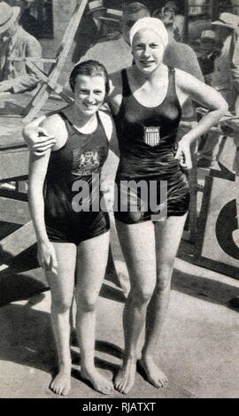 Foto von Helene Emma Madison (1913 - 1970) aus den USA mit Willemijntje Den Ouden (1918-1997) aus den Niederlanden während der Olympischen Spiele 1932. Stockfoto