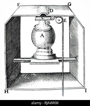 Ein holzschnitt Kupferstich mit der Darstellung der Hero von Alexandria's Gerät, um heimlich in Brand zum Opfer auf dem Altar: A) Brand: C) Schiebe: D) Opfer. Hero von Alexandria (10 AD 70 AD) ein Mathematiker und Ingenieur. Vom 17. Jahrhundert Stockfoto