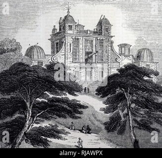 Eine Gravur mit einer Ansicht von Flamsteed House, das ursprüngliche Teil das Royal Observatory, Greenwich Park. Von Sir Christopher Wren (1632-1723) ein englischer Anatom, Astronom, Geometer, Mathematiker, Physiker und Architekten. Vom 19. Jahrhundert Stockfoto
