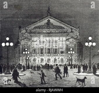 Ein kupferstich mit der Darstellung der Palais Garnier, erleuchtet von Jablockhoff carbon Bogenlampen in Glas Globen, jede Kugel mit sechs Paar carbon Stäbe. Vom 19. Jahrhundert Stockfoto