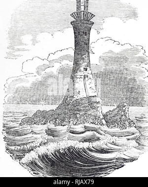 Eine Gravur, Bell Rock Leuchtturm, vor der Küste von Angus, Schottland, ist die weltweit älteste erhaltene Meer gewaschen, Leuchtturm. Der Leuchtturm wurde von Robert Stevenson (1772-1850) eine schottische Bauingenieur errichtet. Vom 19. Jahrhundert Stockfoto