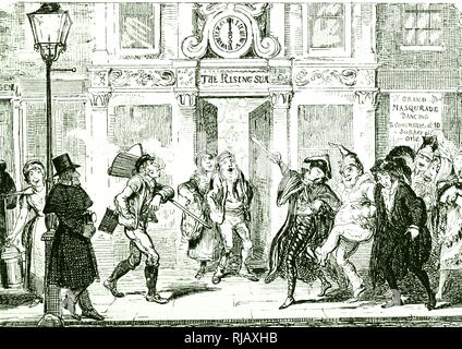 Eine Karikatur, die Darstellung einer Londoner Straße Szene mit den Nachtschwärmern nach Hause zurückkehren, wie die arbeitenden Klassen ihren Arbeitstag beginnen. Mit Ill. von George Cruikshank (1792-1878) ein britischer Karikaturist und Illustrator. Vom 19. Jahrhundert Stockfoto