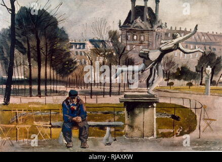 Aquarell Gemälde der Darstellung ein Mann auf eine Bank im Jardin des Tuileries, Paris, Frankreich 1935 sitzt Stockfoto