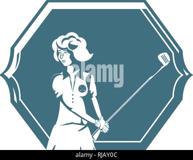 Dichtung mit Golfspieler Frau avatar Charakter Vector Illustration Design Stock Vektor