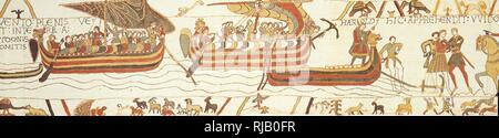 Eine Szene aus dem Teppich von Bayeux, wie in 1064, Harold Godwinson, der Graf von Wessex, Schiffbruch erlitt am Ufer des Ponthieu und ein Kerl, der ihn zu seinem Schloss von Beaurain auf dem Fluss Canche gefangen, als der Teppich von Bayeux betrifft: Hic festgenommen Witwe Haroldum et duxit em ad Belrem et Ibi eum tenuit (hier Guy Harold beschlagnahmt und führte ihn nach Beaurain und ihn dort gehalten"). Herzog Wilhelm forderten die Freilassung des Grafen, und Zählen Kerl geliefert Harold Godwinson nach bezahlt wird ein Lösegeld für ihn. Stockfoto