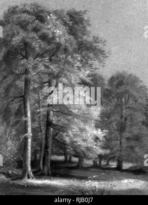 Der Park im Malmaison, 1819, von Pierre-Paul Prud'hon (1758 - 1823); Französische romantische Maler. Schwarze und weiße Kreide auf blauem Papier. Landschaft Studien sind ziemlich selten in Prud'hon Oeuvre. Bei der Darstellung der Website frei von menschlichen Figuren, die der Künstler konzentriert seine Aufmerksamkeit auf die sorgfältige Darstellung der Effekte von Licht und Schatten. Die Einstellung wurde als einen Blick auf den Park von Malmaison, dem Ort der Kaiserin Josephine Bonaparte's Residence identifiziert, etwa 9 km westlich des Zentrums von Paris Stockfoto