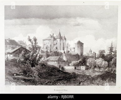 Schloss von Saint-Dizier, Frankreich. 1857. Zeichnung von Baron Isidore Taylor (1789-1879), französischer Reisender und Autor. Das Schloss von Saint-Dizier ist eines französischen Schlosses im Departement Haute-Marne Der grand-est Region. Die erste Erwähnung einer Burg ist im Jahre 1189 gemacht. Das Datum der Fertigstellung ist 1228. Es war Teil der königlichen Anwesen in 1477 weil Ludwig XI. Es gab Wilhelm IV. von Vergy. Aber die Spende ist von Charles VIII in 1488 und wieder auf der königlichen Domäne angeschlossen widerrufen Stockfoto