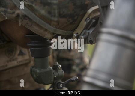 Lance Cpl. Joshua Seibold passt die M224A1 Mörser System über die M64 A1 aus den Augen gerät während des Blauen Chromit 2017 in Okinawa, Japan, November 3, 2016. Blau Chromit ist eine in den USA - nur Übung, die die Navy-Marine Corps expeditionary, Amphibischen schnelle Reaktionsfähigkeit in Okinawa und die größere Indo-Asia-Pazifik-Region stärkt. Seibold aus Madison, Wisconsin, ist ein Mörtel Mann zu 3 Bataillon zugeordnet, 3. Marine Regiment, das Weiterleiten von Kaneohe Bay, Hawaii bereitgestellt wird, zu 3. Marine Division, based in Okinawa, Japan. Stockfoto