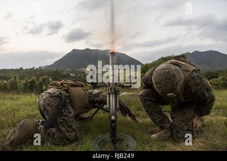 Lance Cpl. Joshua Seibold und Lance Cpl. Colton Qualls Feuer die M224A1 Mörser Systems in einem simulierten Angriff während Blau Chromit 2017 in Okinawa, Japan, November 3, 2016. Blau Chromit ist eine in den USA - nur Übung, die die Navy-Marine Corps expeditionary, Amphibischen schnelle Reaktionsfähigkeit in Okinawa und die größere Indo-Asia-Pazifik-Region stärkt. Seibold aus Madison, Wisconsin, und Qualls aus Batesville, Arkansas, Mörtel Männer 3 Bataillon zugeordnet, 3. Marine Regiment, das Weiterleiten von Kaneohe Bay, Hawaii bereitgestellt wird, zu 3. Marine Division, in Okinawa, Jap auf der Grundlage Stockfoto