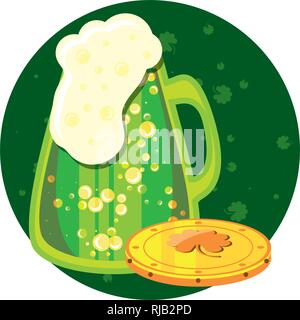 Bier im Glas und Münze mit Klee Vector Illustration Design Stock Vektor