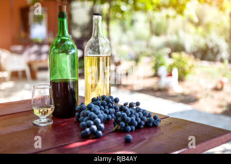 Zwei Flaschen Wein auf dem Tisch im Garten in der Nähe des Weinbergs. Sommer sonnigen Tag Stockfoto