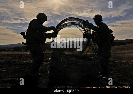 Fort Hunter Liggett, Ca. (Nov. 4, 2016) - Segler zugeordnet Naval Mobile Konstruktion Bataillon 18 (NMCB 18) bereiten Concertina wire als Teil eines Feldes Training bereitstellen (Ftx). NMCB 18 führt diese Ftx als Teil ihrer jährlichen Ausbildung Anforderung und Bereitstellung bereit zu halten. Stockfoto