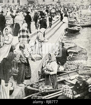 Marktboote am Kai, Viborg, Finnland Stockfoto