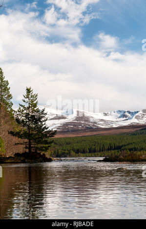 Ein Blick auf Loch Morlich an einem strahlenden Frühlingstag, mit Mount Cairn Gorm im Hintergrund. Cairngorms National Park, Inverness-shire, Schottland. März. Stockfoto