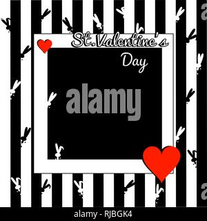 Elegante schwarze und weiße Valentines Tag Hintergrund. Mit Rand auf "Feldvorlage". kleine Hase und roten Herzen, quadratische Form Rahmen auf Streifen Hintergrund. Stock Vektor