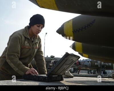 Senior Airman Alyssa Montelongo (links), 455Th Expeditionary Maintenance Squadron Munition online Crew Chief, liest technische Aufträge vor der Prüfung eines Anhängers Jan. 8, 2018 am Flughafen Bagram, Afghanistan. Die Lieferung, oder 'Line-D "Flieger liefern alle Munition Vermögenswerte aus der Munition Lagerbereich für Flugzeuge, die auf dem Flug. Stockfoto