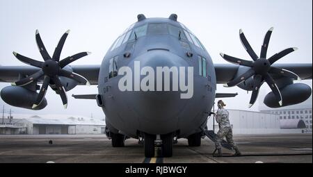 Ein 153 Airlift Wing Betreuer Stopfen in einen Generator, Kabel in Ihrem C-130 H nach der Ankunft in Eglin Air Force Base, Fla., Jan. 11. Luftwaffe erste voll aufgerüstet C-130H ist hier für Test und Evaluierung auf die neue modifizierte Propeller und Motoren. Stockfoto