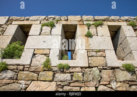 Viktorianische Chateau L Etoc Stein Wände und Fenster mit wachsenden Bild Pflanzen, auf Alderney, Channel Islands. Stockfoto