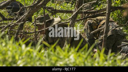 Us Marine Lance Cpl. Jonathan Genao bietet Sicherheit als Marines cache bekämpfen Gummi Aufklärung Handwerk (CRRC) auf Ries Marinestützpunkt, Sihanoukville, Kambodscha, Nov. 2, 2016. Us-Marines beauftragte den kambodschanischen Segler auf crrc Betrieb und Amphibische Angriffe während der Zusammenarbeit flott Bereitschaft und Weiterbildung (CARAT) 16. CARAT 2016 ist eine 9-Land, bilaterale Übung Serie zwischen den Vereinigten Staaten und Bangladesch, Brunei, Kambodscha, Indonesien, Malaysia, Singapur, den Philippinen, Thailand, Timor-Leste. Diese Phase der CARAT konzentriert sich auf Partnerschaften zwischen den USA und Kambodscha, ein Stockfoto