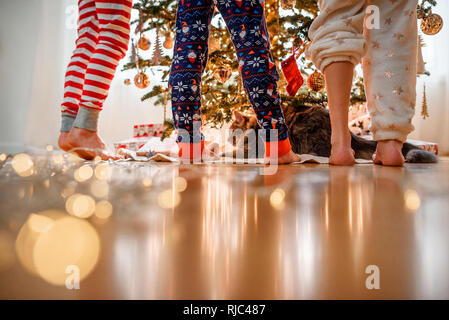 In der Nähe von drei Kindern Beine und eine Katze beim Dekorieren ein Weihnachtsbaum Stockfoto