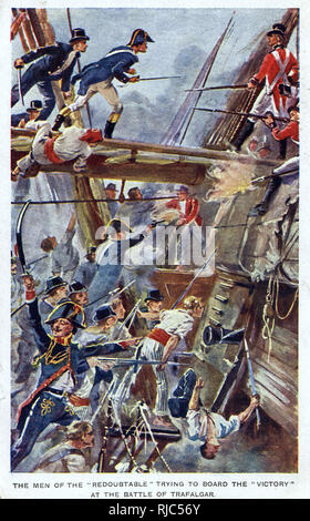 Männer des französischen Schiffes der Respekt einflößendem versuchen, die HMS Victory in der Schlacht von Trafalgar während der Napoleonischen Kriege - 21. Oktober 1805. Stockfoto