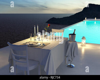 3D-Rendering von Pool Villa mit Champagner. Valentines Tag Stockfoto