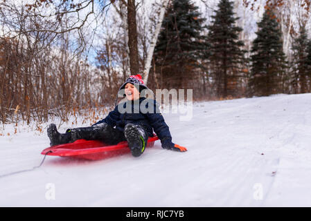 Junge auf einem Schlitten lachen, Wisconsin, United States Stockfoto