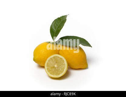 Gelbe sizilianische Zitronen auf weißem Hintergrund: Detailansicht Stockfoto