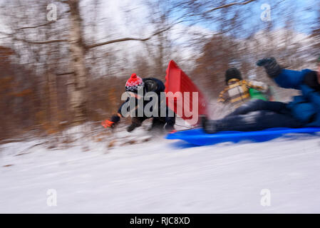 Drei Kinder fallen ihre Schlitten, Wisconsin, United States Stockfoto