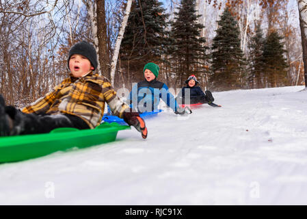 Drei Jungen auf einem Schlitten lachen, Wisconsin, United States Stockfoto
