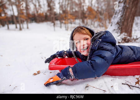 Junge auf einem Schlitten, Wisconsin, United States Stockfoto