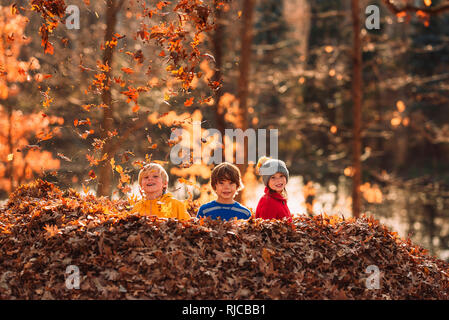 Drei Kinder beim Spielen in einem Stapel von Blättern, United States Stockfoto