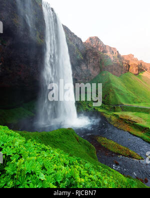 Sonnenaufgang auf dem Seljalandfoss Wasserfall auf Seljalandsa Fluss, Island, Europa Stockfoto