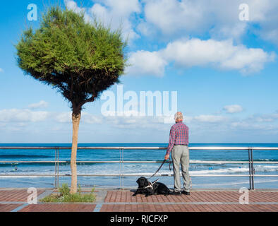 Älterer Mann mit schwarzen Labrador Hund mit Blick auf das Meer. Stockfoto