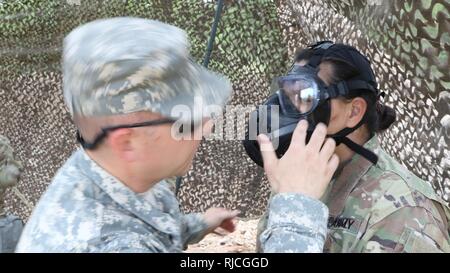 Sgt. First Class Gregory Heppell prüft Master Sgt. Jennifer Anderson für eine komplette Dichtung wie Sie don Ihr M50 Gasmaske und Schutzausrüstung während der Sitz und die Hauptverwaltung Batterie, 94th Army Air und Raketenabwehr Range Command dichte Woche Jan 8-11 statt. Die Ausbildung der Einheit Führung und Soldaten die Gelegenheit, ihre Sprachkenntnisse zu verbessern und das Vertrauen der Verwendung von chemischen biologische, radiologische und nukleare (CBRN) Gang. Stockfoto