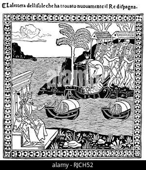 König Ferdinand von Spanien sitzt auf einem Stuhl und zeigt in Richtung Land als Kolumbus' drei Schiffe zu segeln. Eine Gruppe von indigenen Menschen stehen am Ufer, wandte sich von den Schiffen nähern. Stockfoto