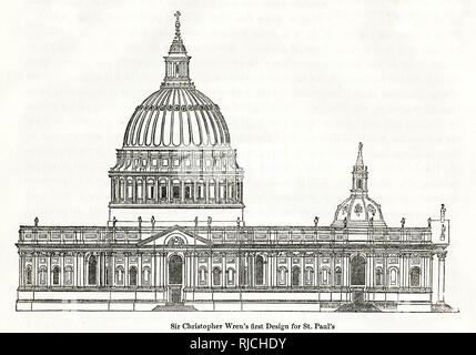 Sir Christopher Wren, erste Design der berühmten St. Paul Kathedrale in London, Wren, die mit der Konzeption der Kuppel des berühmten St. Paul verrenkt, selbst als es wurde gebaut, sein Profil unzählige Male renoviert. Stockfoto