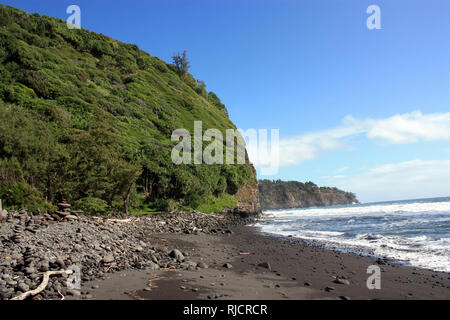 Der schwarze Sand- und Felsstrand in Pololu Tal endet in Klippen mit üppiger Vegetation, die den Pazifischen Ozean, Hawaii, USA abgedeckt Stockfoto