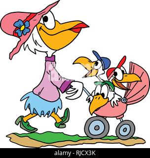 Cartoon Pelican, die ihre Babys im Kinderwagen spazieren Vector Illustration Stock Vektor
