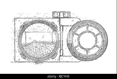 Cartoon Zeichnung der offenen Tresortür mit Haufen von Gold Münzen Stockfoto